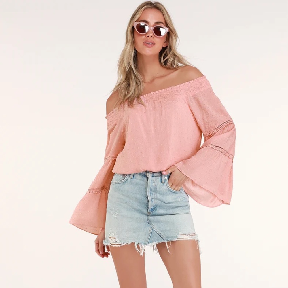 Sunny Story Blush Pink Lace Bell Sleeve Off-the-Shoulder Top